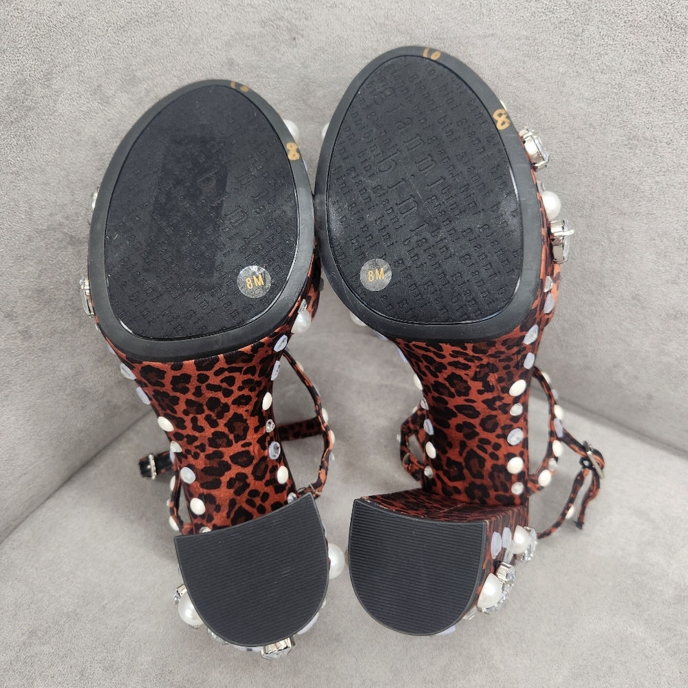Gianni Bini Platform Sandals 8 Brown Leopard Satin Calvan Two Jeweled New $150 - Picture 17 of 17